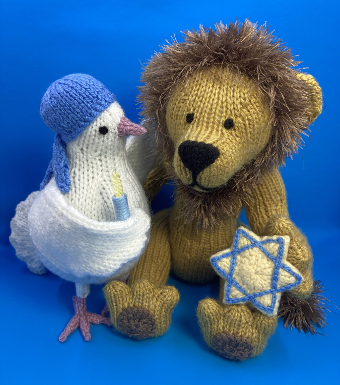 Menorah Miriam and Hanukkah Hiram knitted toys